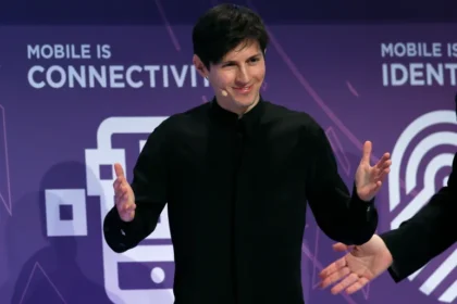 The founder and CEO of Telegram, Pavel Durov, delivers a keynote speech during the Mobile World Congress in Barcelona, Spain [File: Albert Gea/Reuters]